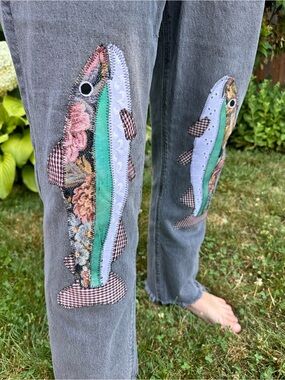 Upcycled Patchwork Trout Fish Jeans